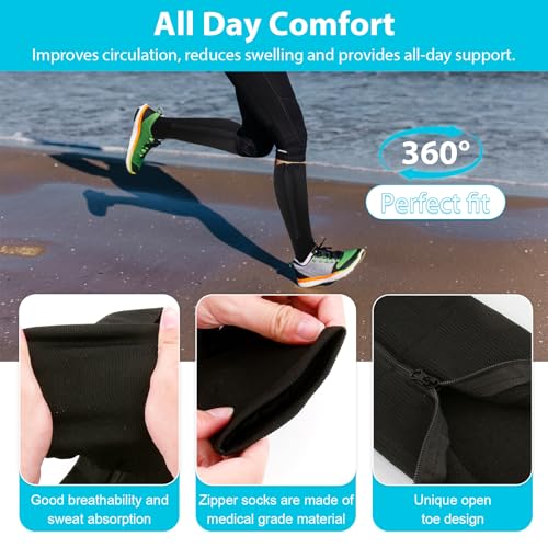 2 Pairs Zipper Compression Socks for Men Women, 15-20mmHg Open Toe Compression Stockings with Zippers, Black Nude Knee High Compression Socks for Running Travel4