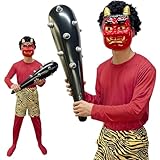 [DECEED] 節分用 鬼コスプレ 衣装 鬼お面 全身タイツ 虎柄パンツ こん棒 6点セット コスチューム 赤鬼 青鬼 張子鬼面 仮装 豆まき オニ退治（レッド、Lサイズ）