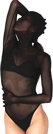 LinvMe Womens Sexy Black Mesh Sheer Zentai Half Suit Long Sleeve Bodysuit