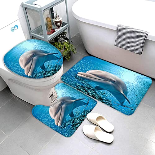 Badematte Meerestiere,Delfine Badematten Set rutschfest Waschbar Badgarnitur 3teilig - WC Deckelbezug U-förmigen Contour…