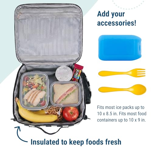 Image of Wildkin Kids ECO rPET Insulated Lunch Box - Keeps Food Hot or Cold, Easy-Clean Lining, Mesh Pockets & BPA-Free - Boys & Girls, Ideal for School, Travel & Daycare - Black and White Checkered
