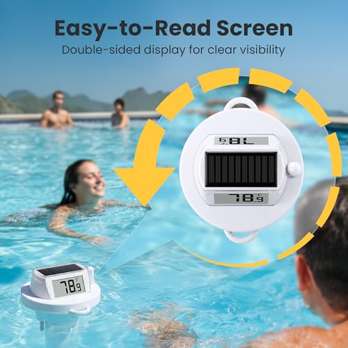 Image of Pool Thermometer Floating, Digital Swimming Pool Thermometer, IPX8 Waterproof with Double Sided Display for Pond, Hot Tub, Aquarium (Solar Powered, White)