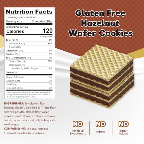 Image of ChocZero Sugar Free Hazelnut Wafer Cookies, No Sugar Alcohols, Keto, Gluten Free, High Fiber, 16 Count, 8 oz Box