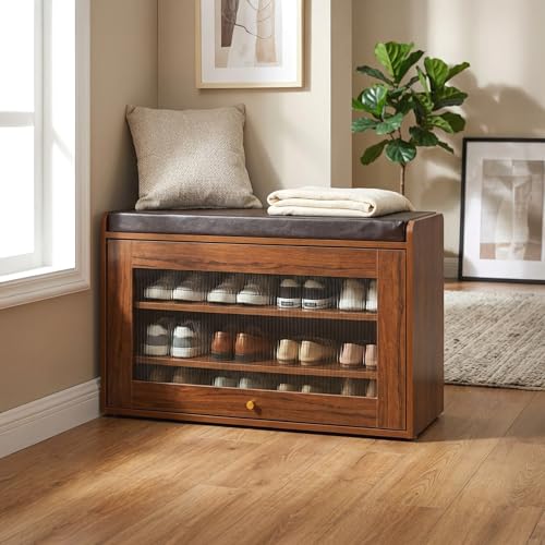 Image of Rocco Rosso Shoe Cabinet with Seat for 12 Pairs | Lift-Up Acrylic Fluted Shutter | Engineered Wood Shoe Rack Bench with Adjustable Shelves | Scratch-Resistant | Hallway Bedroom Entryway (Teak Brown)