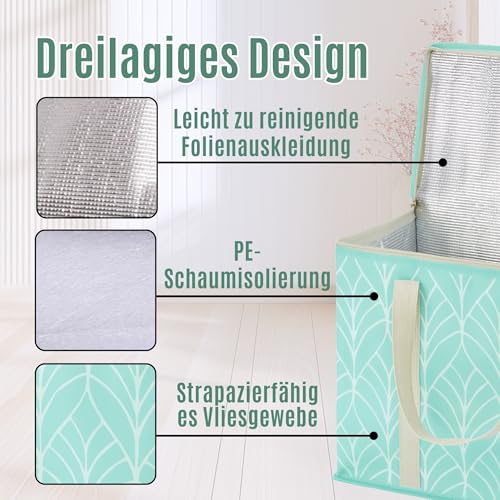 VENO 2 Stück Einkaufstasche Wiederverwendbare Faltbar Kühltasche Einkaufskorb, Groß Picknickkorb Robuste Isoliertasche Lunchtasche, Aufrecht Stehend Thermotasche (Immergrün, 2er-Pack)