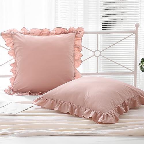 Mywinlle Dusty Rose Ruffle Euro Pillow Shams,Shabby 2 Pack Pillow Sham Covers Washed Cotton Pillow Cases (Dusty Pink,26"x26")