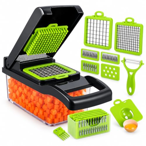 Cortador Multi Fatiador de Legumes Premium Compacto Completo 16 em 1 Lâminas em Aço Inox Ralador Picador de Frutas Vegetais Alimentos com Recipiente Coletor Mandolin para Cozinha Corte Rápido e Seguro
