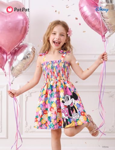 Image of Disney Princess Frozen Elsa Minnie Stitch Toddler Girl Dress Bow Tie Straps Smocked Summer Outfit Birthday Party Clothes 2-9Y