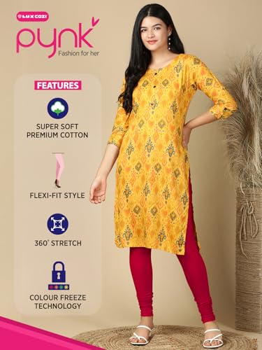 Image of Lux Cozi PYNK Solid Premium Cotton Lycra Churidar Leggings for Women | Regular Fit Elastic Waist Full Length Women Leggings | Free Size