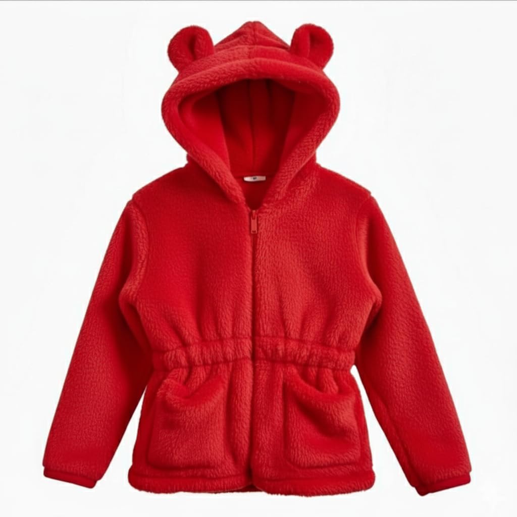 Schsteindar Kids Fleece Hoodie Jacket with Bear Ears,Soft Plush Material, Zip-Up Front, Elastic Waist Design for Baby Boys Girls (IN, Age, 2 Years, 3 Years, Regular, Red)