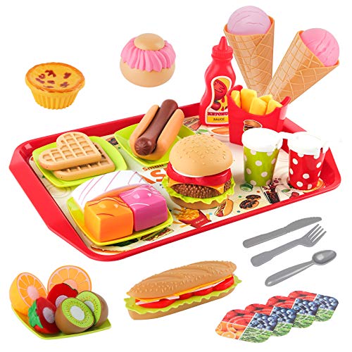 D-FantiX Play Fast Food Toys Set, 48Pcs Kids Fake Food Playset Burger Sandwich Hotdog French Fries Cutting Fruits Pretend Kitchen Restaurant with Tray for Toddlers Boys Girls
