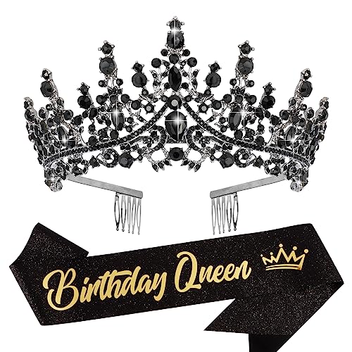 Velscrun Black Crystal Birthday Queen Tiara Crown for Women Girls Birthday Queen Headband Sash Elegant Princess Crown with Combs Hair Accessories Happy Birth Party Decorations Mom Birth Gift