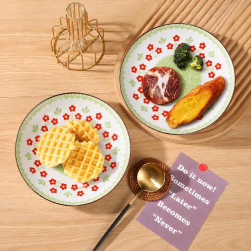 Image of Ceramic Pasta Plates, Green Floral Printed Deep Dinner Plates, Serving Plates, Microwave & Dishwasher Safe, Ceramic Plates for Pasta, Salad, Noodles & Biryani (Green & Red Floral Design, PACK OF 2)