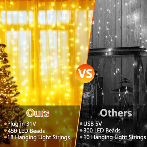 MAGGIFT Curtain Lights Indoor Outdoor, 3mx3m 18 Ketten 450 LED Christmas Hanging Lights with Timer/Remote/8 Modes/Dimmable, IP65 Waterproof Fairy Lights for Bedroom Xmas Window Wall Decor, Warm White - Image 3