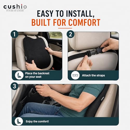 Image of CUSHIO Memory Foam Car Seat Cushion for Back Support, Ergonomic Lumbar Support for Car Seat & Office Chair, Car Back Support Cushion, Chair Cushion for Pain Relief & Posture (Black)