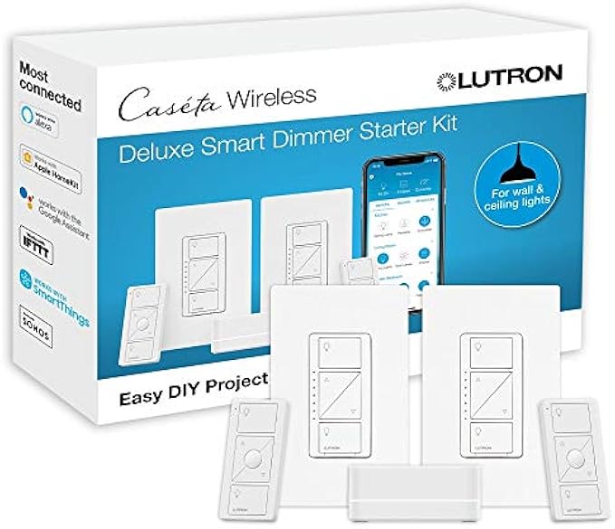 Lutron Caséta Deluxe Smart Dimmer Switch (2 Count) Kit with Caséta Smart Hub | Works with Alexa, Apple HomeKit, Ring, Google Assistant | P-BDG-PKG2W-A | White
