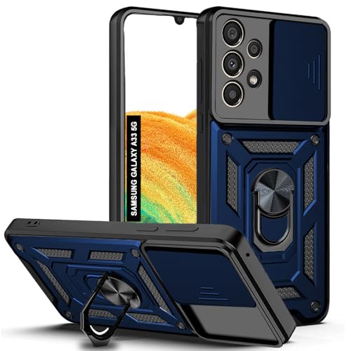 Image of AESTMO Tough Armor Samsung Galaxy A33 5G Bumper Back Case Cover | Ring Holder & Sliding Camera Shield Cover | 360 Degree Protection Back Case Cover for Samsung Galaxy A33 5G (Blue)