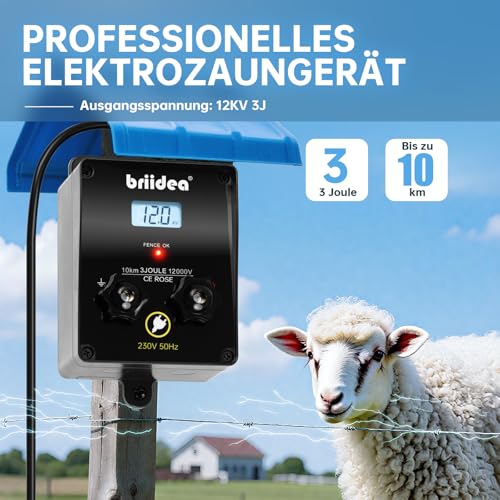 230V Weidezaungerät mit LCD-Anzeige, Briidea 12.000 V 3 Joule Elektrischer Zaunladegerät, 10 km Reichweite, Sicherer und Effektiver Tierschutz für Nutztiere, Garten und Weide