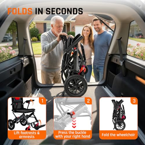 Image of SOFTFISH Wheelchairs for Adults with Foldable Footrest and Armrests, Narrow Transport Wheelchair Lightweight Foldable for Tight Spaces, 10 inch PU Wheel Chair for Travel Outing