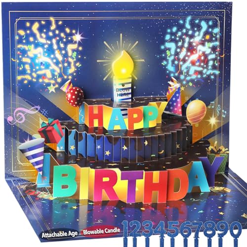 3D Pop Up Birthday Card with Lights and Sound Blow Out LED Candle with Sensor Singing Musical Greeting Card for Men Women Kids (Blue)