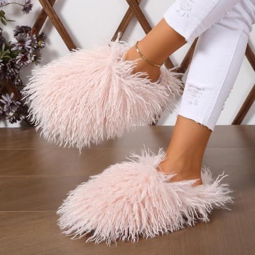 Image of Unisex Fuzzy Faux Fur Slippers, Women's Fluffy Long Hair Sheep Faux Fur Slip on Slides, Girls Luxury Big Fluffy Outdoor Flat Slippers, Long Curly Hair Non-Slip Warm Home Slide Shoes