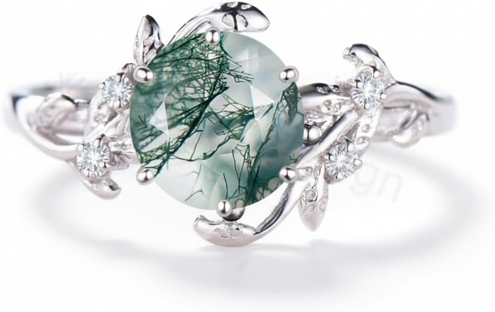 ROMANTICWORK Personalized Moss Agate Rings for Women 925 Sterling Silver Natural Gemstone Custom Name Promise Engagement Ring Jewelry Gift for Wife