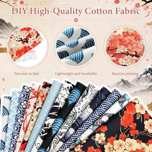 Tatuo 30 Pcs Japanese Cotton Fabric Squares 10 x 10 Inch Cotton Quilting Bundle, Quarter Assorted Traditional Japanese Patterns Fat Fabric for Sewing, Patchwork, Quilting, DIY Crafts — view 3
