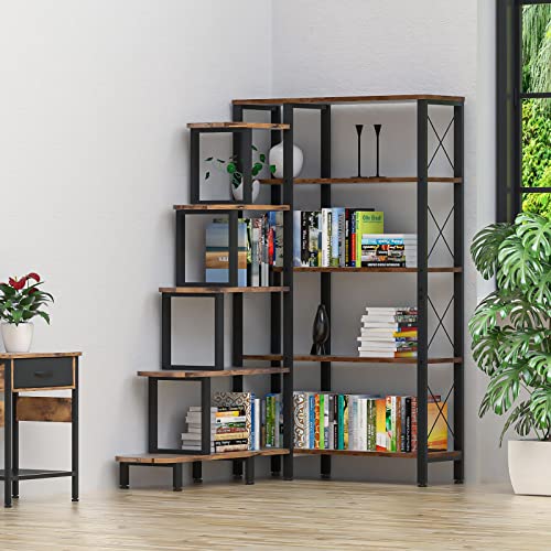 Ponrol Large Corner Bookshelf Bookcase, Industrial Reversible 5 Tier Ladder Shelves Storage Display Rack With Metal Frame, Modern Home Office Furniture For Living Room Bedroom #TOP1