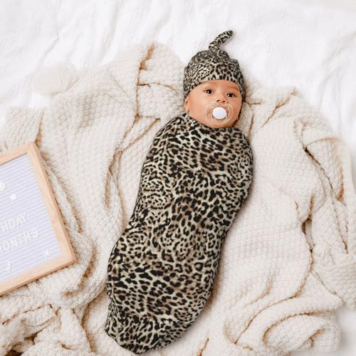 Image of Leopard Print Newborn Swaddle Blankets Cheetah Print Baby Stuff Soft Swaddling Blanket With Beanie Sets Gifts For Infant Boys Girls