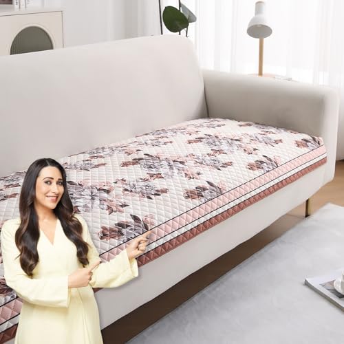 Image of HOKIPO 'LiefNest' Holland Velvet Sofa Cover Mat with Foam Filling for 1 /2 /3 Seater & L-Shape Sofa. Make Your Own Sofa Cover Set, Mat Size: 180(L) cm, Chrysanthemum Bloom Soft Beige (IN-825-D6)