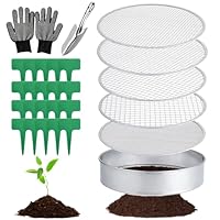 Gartensieb Rund, 5 in1 Gartensieb Edelstahl 30 cm, mit 5 Austauschbare Siebeinsätze Ø 3,6,9,10,12 mm, kompostsieb rund metall, inklusive Gartenschaufel und 20 Pflanzenetiketten 1 Paar Handschuhe.