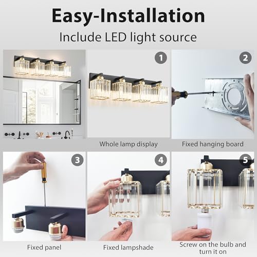 Image of Bathroom Vanity Light Fixtures Over Mirror 4 Crystal Lights - Makeup Lighting Black Gold - for Modern Wall, Bath, Desk, Farmhouse, Hallway