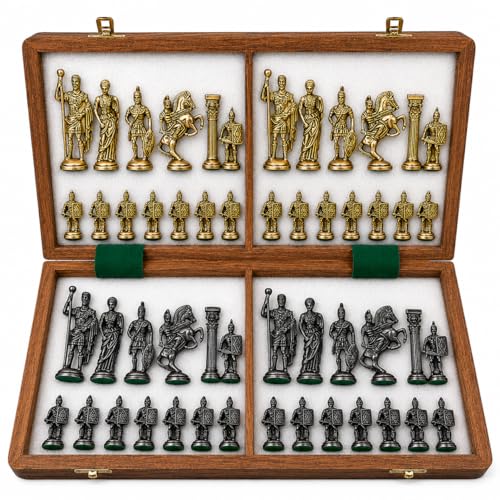 Image of Kid Antique Folding Wooden Chess Board with Brass Chess Roman Figures Set, 2 Players - Best for Gifting, Home Decor and Playing (Bleck & Yellow) Size 16 inchx16 inch Inch.