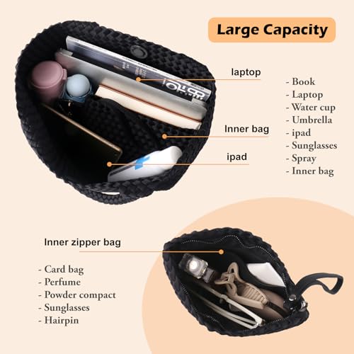 Bolso tote tejido para mujer, negro, grande, bolso de mano madre-hija con bolsa desmontable – bolso shopper texturizado miniatura 4