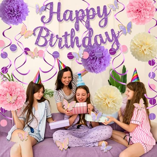 Image of Pink Purple Birthday Decorations, Happy Birthday Banner and Paper Pompoms, Hanging Swirls, Circle Dots Garland, Butterfly Stickers Cake Toppers for Girls Women Party Decorations