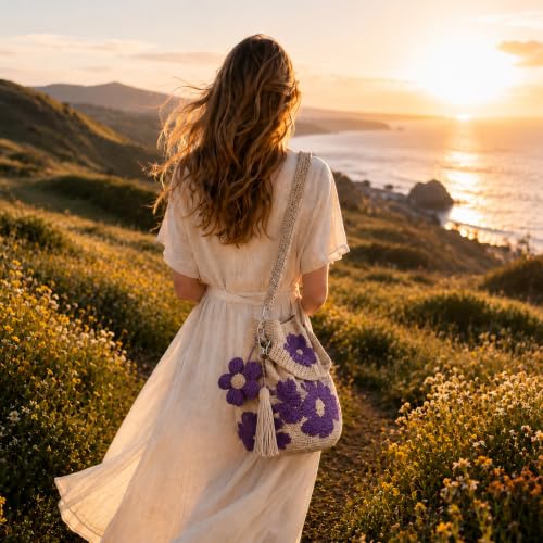 Generisch Sac fourre-tout en crochet fait à la main, sac à fleurs au crochet, sac à main au crochet, sac à fleurs au crochet, sac fourre-tout, fleurs pour pique-nique, trajets, vacances, lilas – vue 3