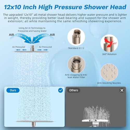 Image of Hibbent 12 inch Dual Filtered 10 inch Rainfall Shower Head with Handheld 10-Spray | High Pressure Metal Brushed Nickel Showerhead Combo with Filter, Extension Arm with 4-way Diverter, 71'' Hose & Holder