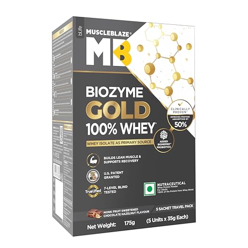 Image of MuscleBlaze Biozyme Gold 100% Whey Protein Powder (Monk Fruit Sweetened Chocolate Hazelnut (5x35g) | Whey Isolate as Primary Protein Source