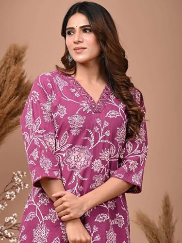 Image of Rimeline Women's Cotton Printed Kurta with Embellished V-Neck Design | Straight Fit Ethnic Wear for Office, Casual & Daily Use