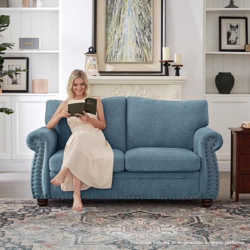 Image of ONBRILL Nailhead Sofa, 66 Inch Small Couch with Rolled Arms, Chenille Fabric Loveseat w /Springs Seat Cushion, Vintage Curved Back, Turned Wood Legs, Comfy Couch for Living Room, Farmhouse, Teal