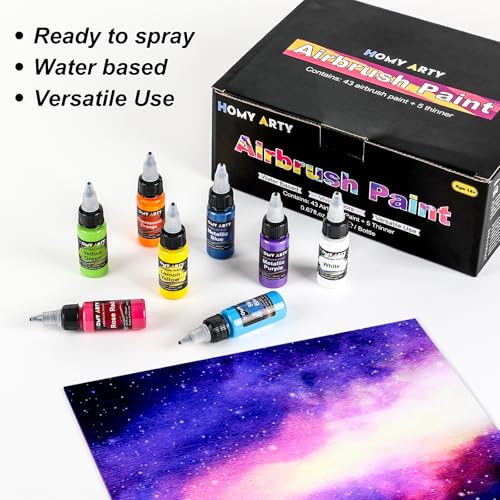 Image of HOMY ARTY Airbrush Paint - 43 Colors with 5 Thinner | Ready to Spray Airbrush Paint Set, Water-Based Acrylic Air Brush Paints for Metal, Plastic Models, Canvas, Wood - 48 Bottles