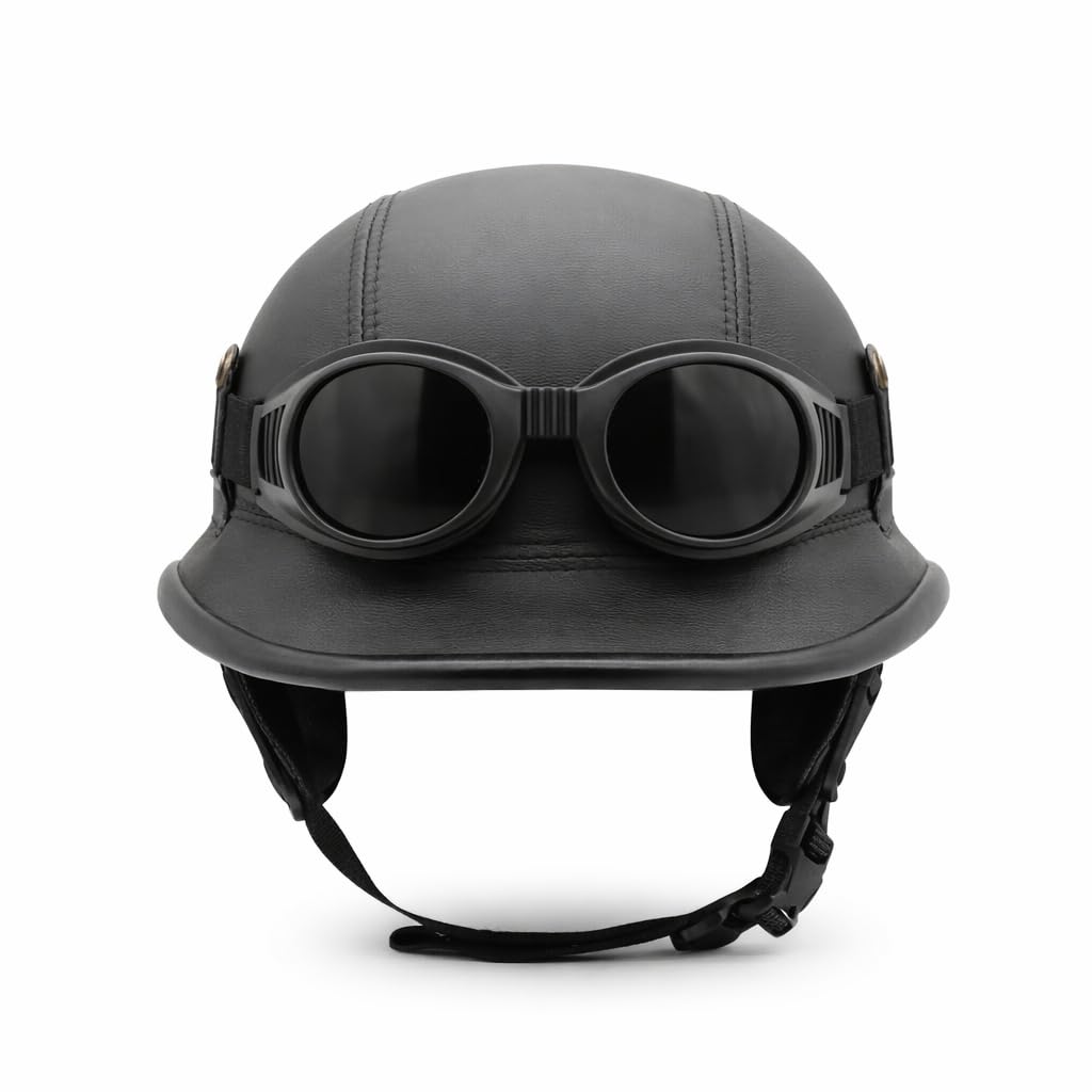 Motorrad Halbschalenhelm Vintage Lederlook inkl. Abnehmbarer Sonnenbrille, Harley Chopper Militär Mofa Roller (L, H1)