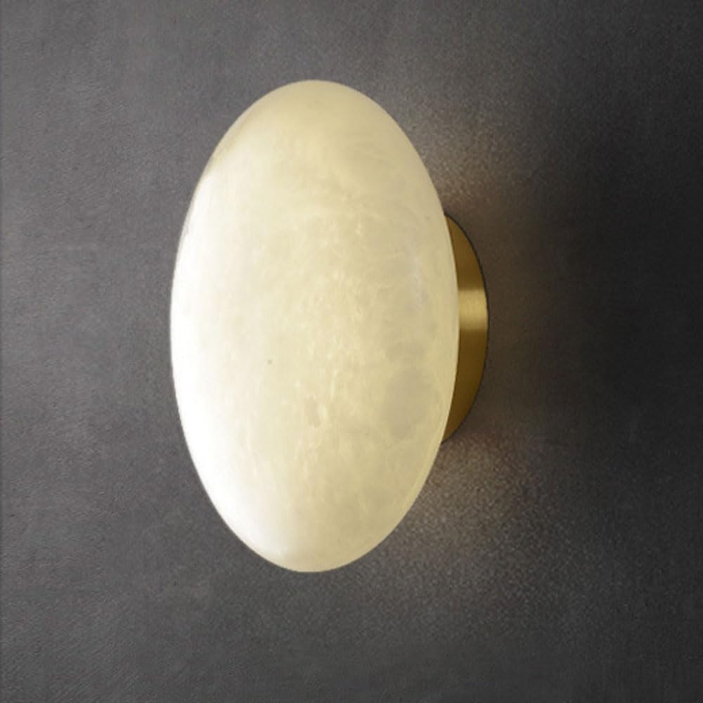 GUOGUOSM LED Warm Light Natural Alabaster Wall Sconce, 7.8in Round Wall Light, Medieval Minimalist Style Marble Wall Lamp, Living Room Stairs Bedside Decorative Lighting Fixtures