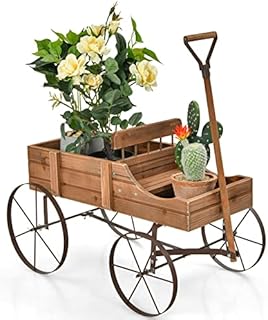 GiantexUK Wooden Wagon Garden Planter, Flower Cart with Long Handle and Flexible Wheels, Outdoor & Indoor Decorative Wheelbarrow Flower Pot Stand (Brown)