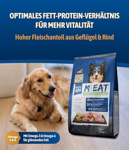 NutriQM® M!EAT Hundefutter Trocken Adult | 12 kg getreidefreies Trockenfutter für Hunde | 70 % Fleischanteil aus Geflügel & Rind | Ohne Zuckerzusatz & Zusatzstoffe | Tierwohl-Siegel | Made in Germany