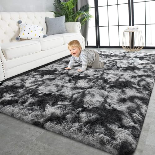 TWINNIS Super Soft Shaggy Rugs Fluffy Carpets 5x7 Feet, Indoor Modern Plush Area Rugs for Living Room Bedroom Kids Room Nursery Home Decor, Upgrade Anti-Skid Fuzzy Rug, Black and Grey