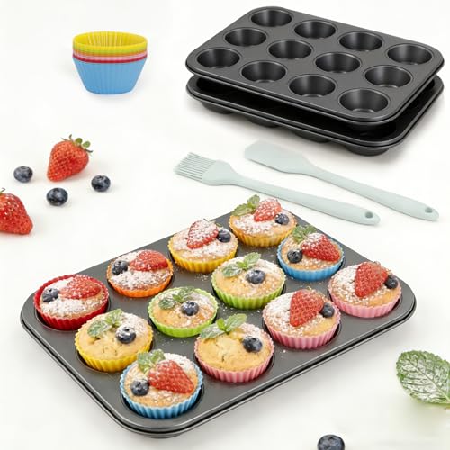 HUOMAQFAN 2 moldes para magdalenas grandes de silicona para 12 magdalenas, bandeja antiadherente de acero al carbono, sin BPA, 35 x 26,5 x 3 cm, diámetro 6,5 cm, para cupcakes, Brownies Pudding (gris)