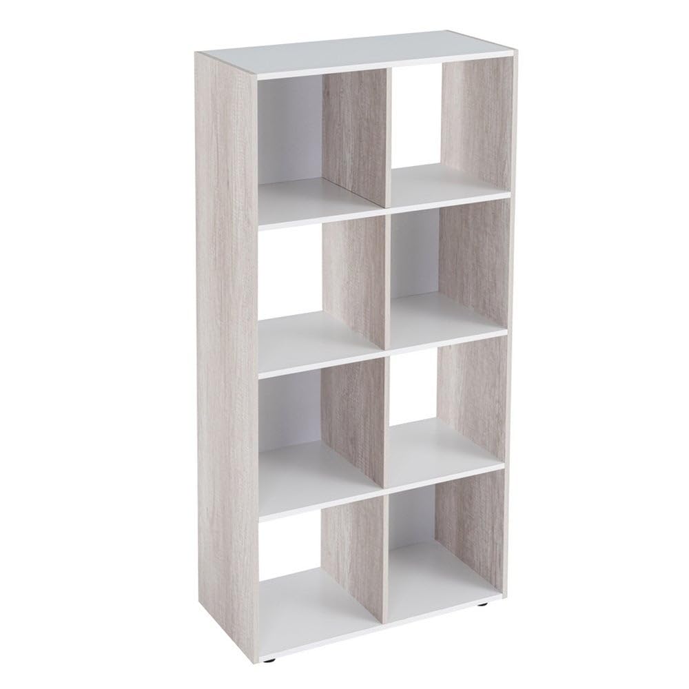 Estantería Cubo 8 huecos de laminado blanco y roble claro de 120x60x30 cm | Tablero laminado de 12 mm. Soporta 10 kg por balda. Patas regulables en altura. Medida interior de cada hueco: 28x29x28 cm