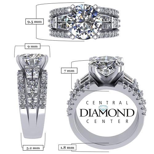 3.00 Carat Simulate Diamond Engagement Ring-Round & Baguette 5.00ct twt-Platinum Plated Sterling Silver3
