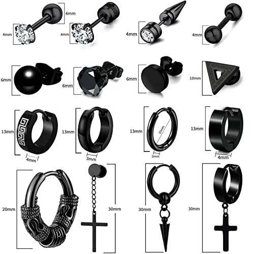16 Pairs Men Earrings Set - Black Stainless Steel Cross Dangle Hoop & Ear Stud Fashion Piercing Jewelry For Birthdays, Parties & More #TOP1